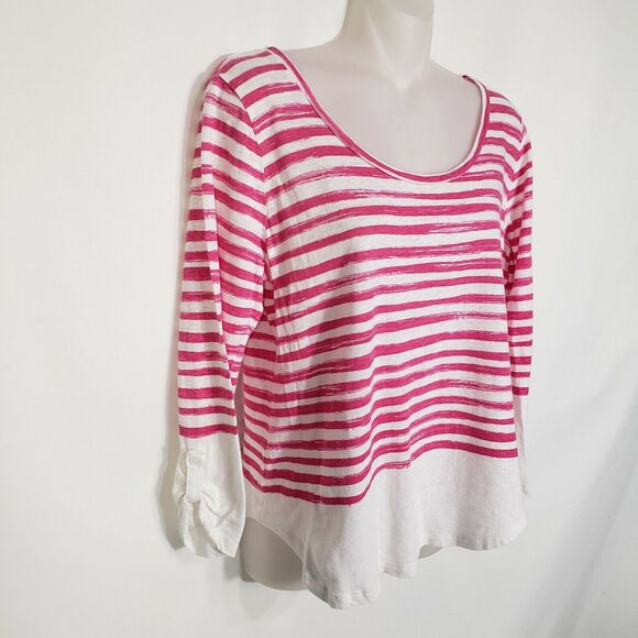Talbots Womens Top Size Medium Pink White Striped Linen Blend 3/4 Tab Sleeves - Picture 4 of 8